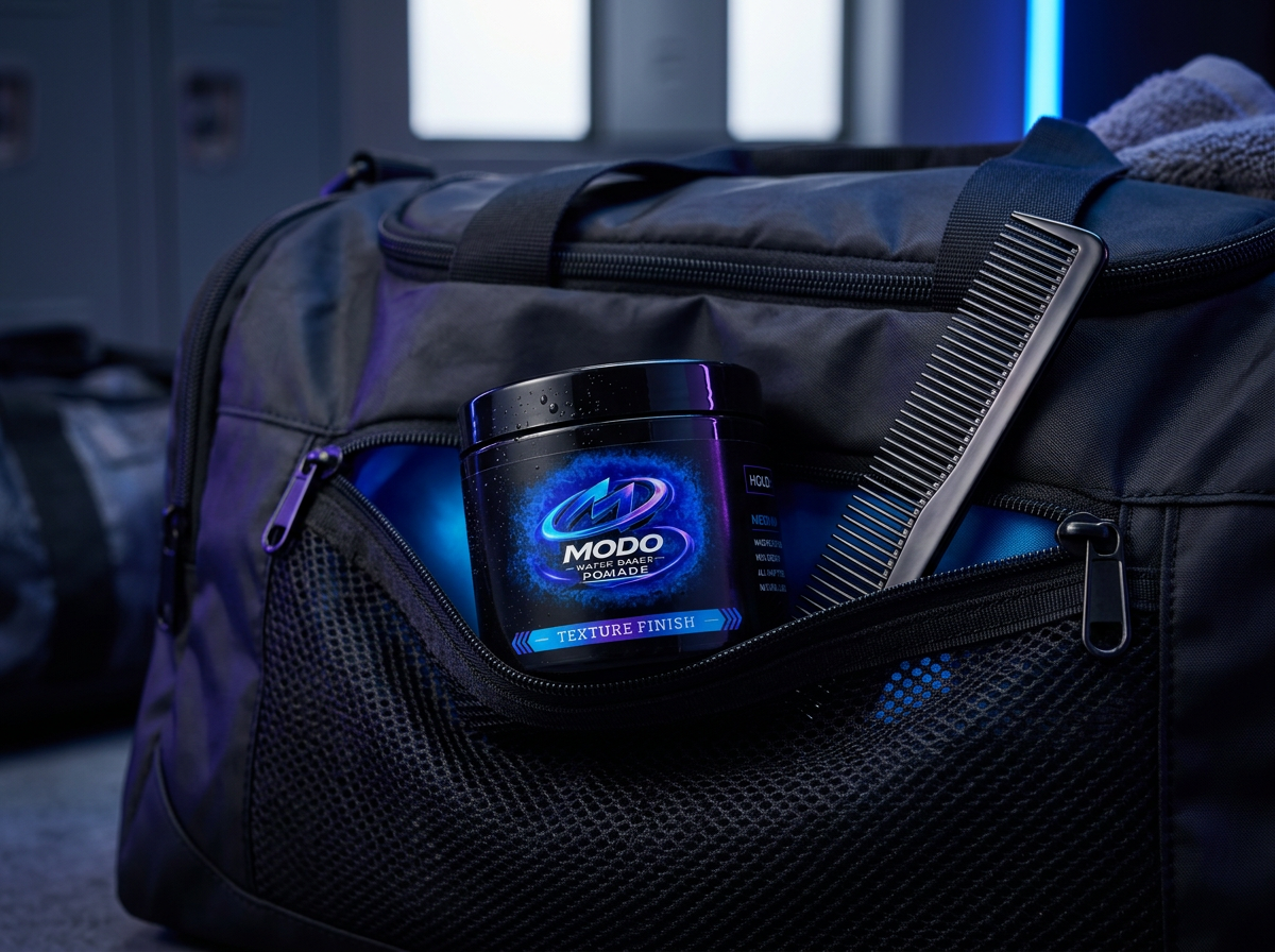 Modo pomade jar packed in a black gym bag